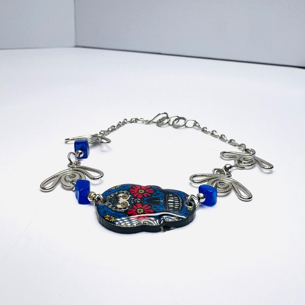 Handmade Sugar Skull Braceletโ Blue Silver Alloy Enamel Dia De Los Muertos